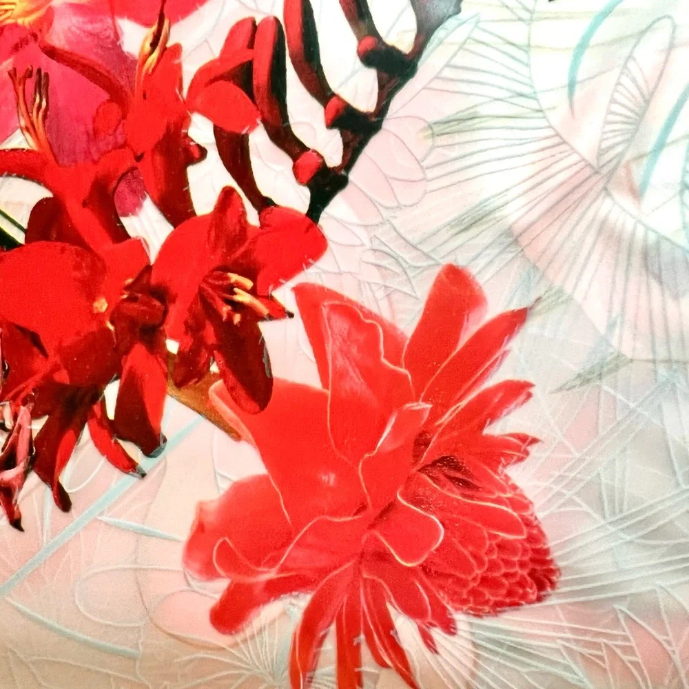 Flamingos & Tropical Flowers Peva Shower Curtain Hibiscus Orchids Bright Red - Picture 3 of 14